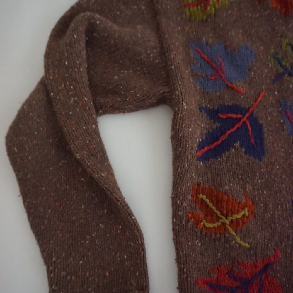 Vintage Fashion Bug Brown Autumn Fall Leaf Embroidered Button Knit Cardigan L - Picture 8 of 9